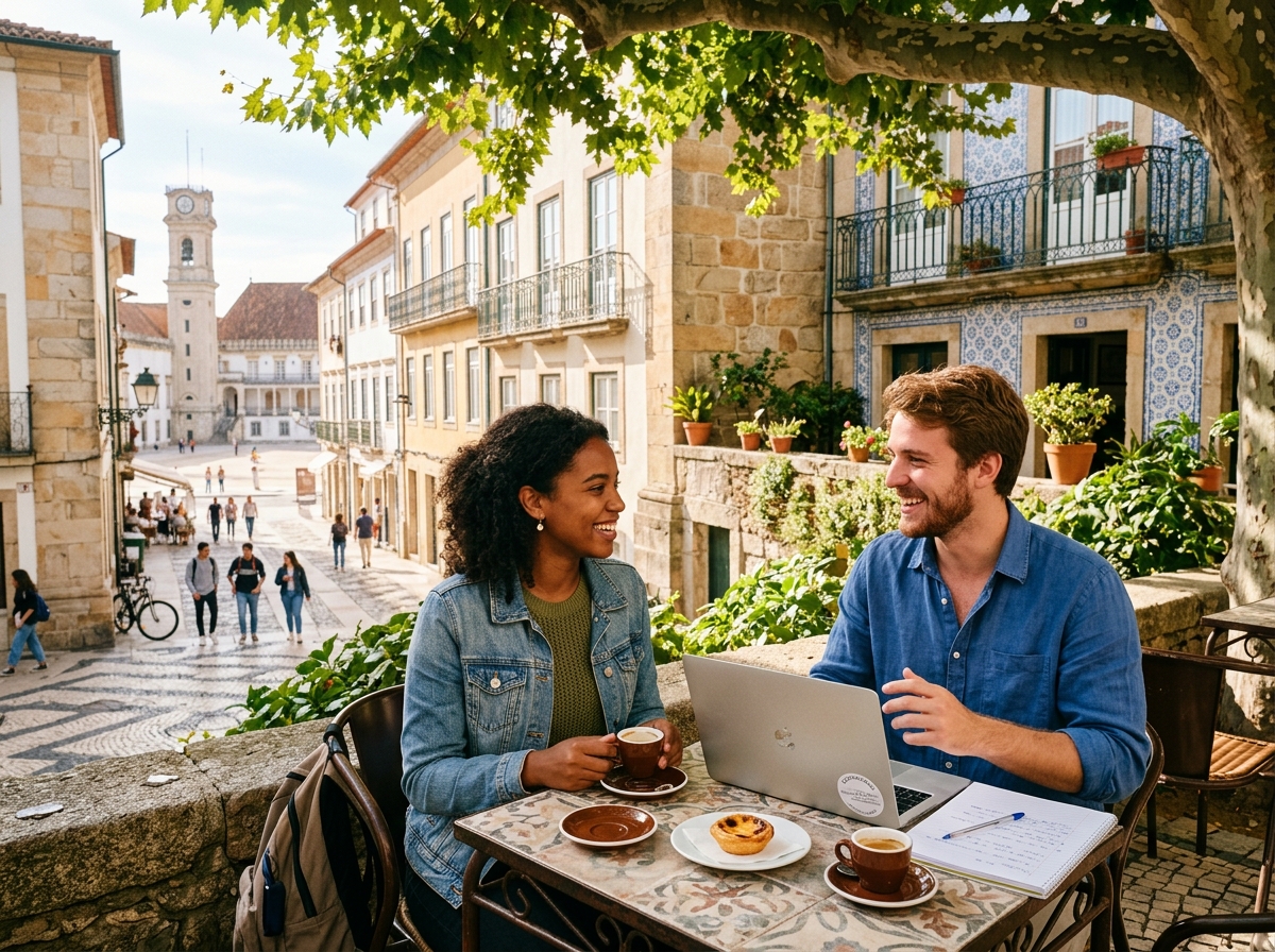 International university students studying and enjoying coffee on a sunny terrace overlooking historic Coimbra