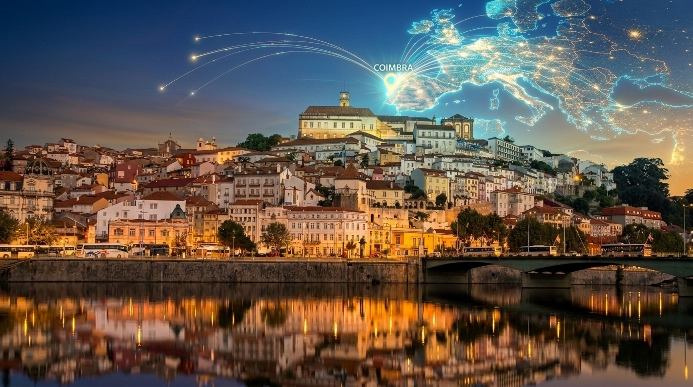 Hyper-realistic twilight view of the University of Coimbra and Mondego River with a glowing map of Portugal and Europe in the sky pinpointing Coimbra as an international mobility hub