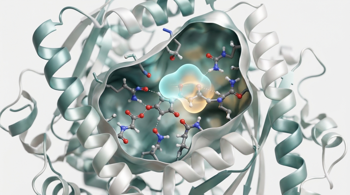 3D Blender Molecular Nodes Render of Enzyme Catalytic Pocket and Substrate Transition State